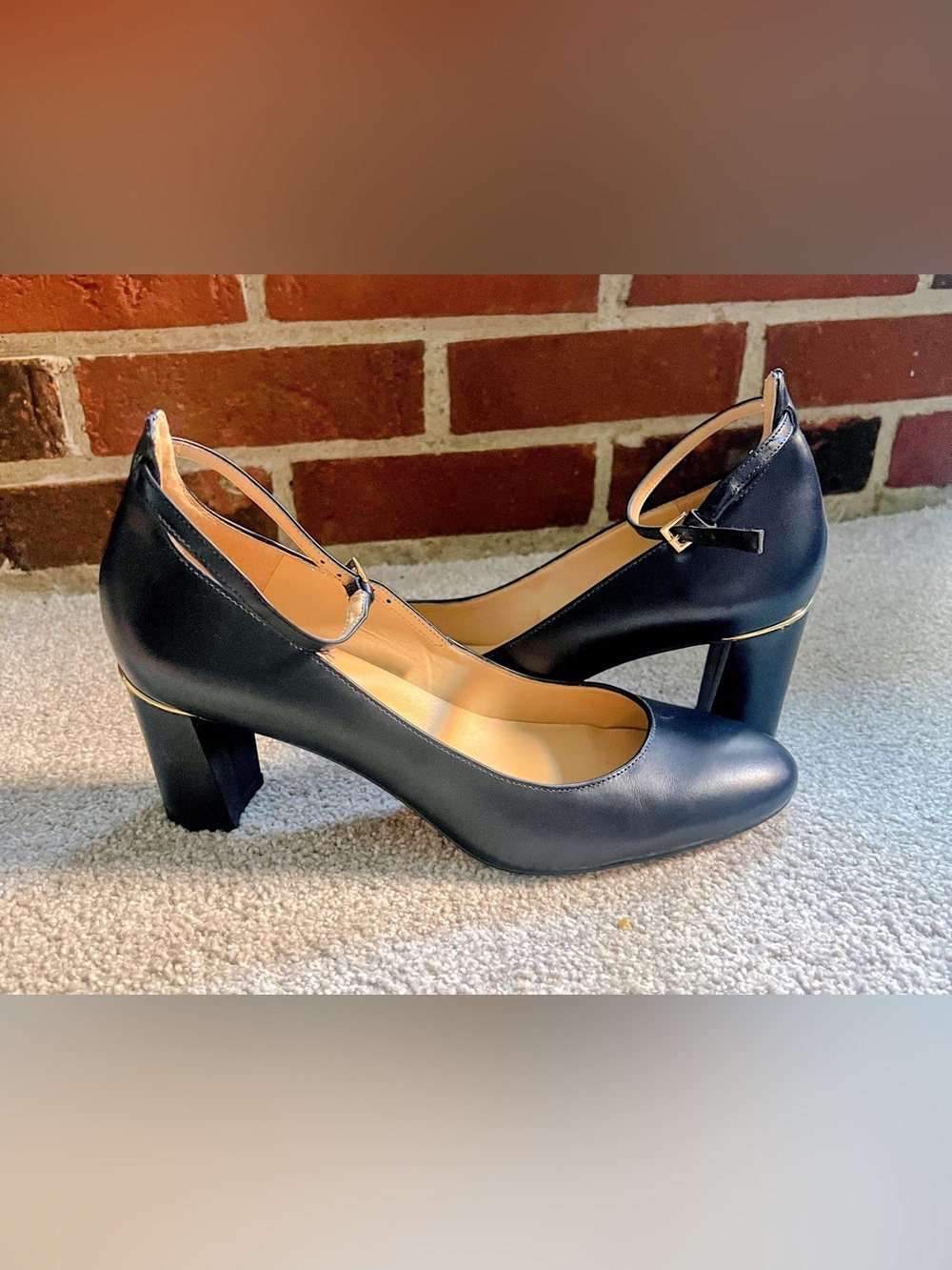 Talbots Leather Navy Blue Block Heel Sandals with Ankle Strap 9 1/2